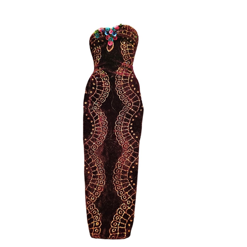 Vintage Barbie Greg Goldblatt Burgundy Velvet Gold Glitter Sequin Gown Dress